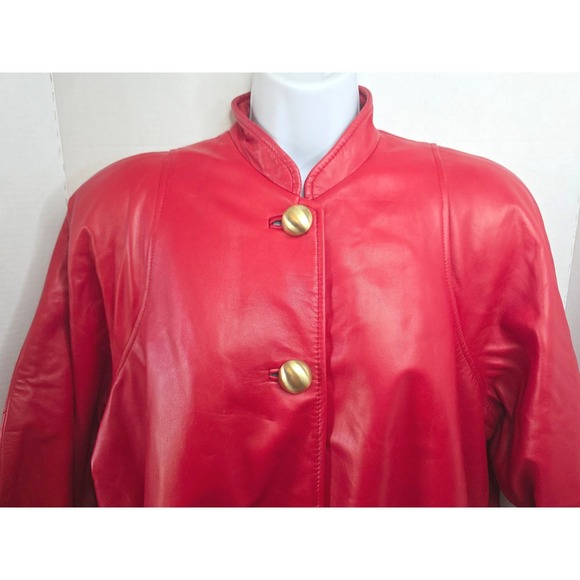 VTG Siena New York Red Leather Swing Coat Mandarin Collar 2 Gold Buttons Small - Picture 2 of 12